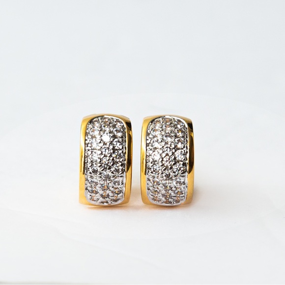 Quiet luxury huggie hoop gold tone earrings pave CZ minimalist by Brilliante - Picture 1 of 16